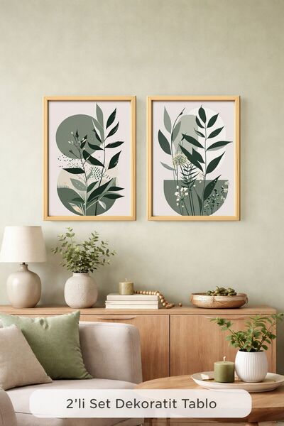 Dekor Premium 2’li Dekoratif Tablo Seti Modern Botanik Yaprak Desenli Minimal...