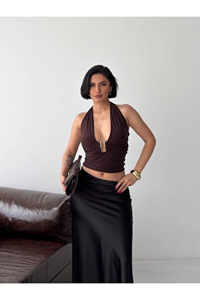 VLK STYLE Kadın Boyundan Bağlamalı Aksesuarlı Crop