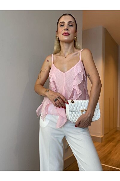 VLK STYLE Kadın önü fırfırlı keten bluz