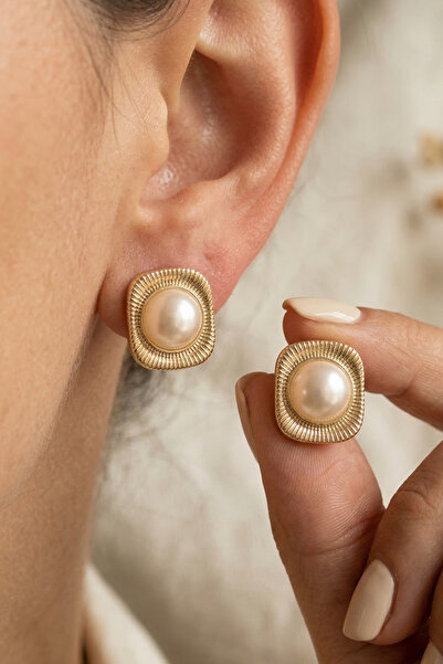 Elika Silver Women's Vintage Pearl Model Gold Earrings