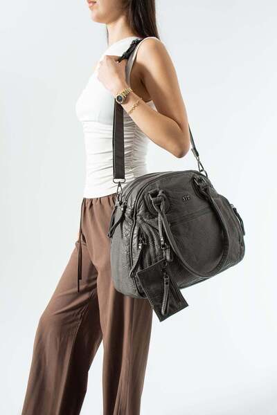 571 Collections Çanta Δερμάτινη τσάντα πολλαπλών θέσεων, ώμου και χειρός, γκρ...