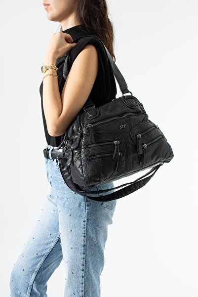 571 Collections Çanta Δερμάτινη τσάντα πολλαπλών θέσεων, ώμου και χειρός, μαύ...