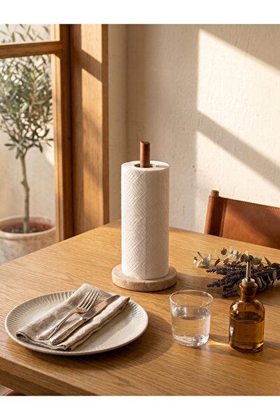 FARALYAHOME Doğal Traverten Mermer Ve Ahşap Saplı Kağıt Havluluk - Modern Mutfak Düzenleyici (14 CM x 24 CM)