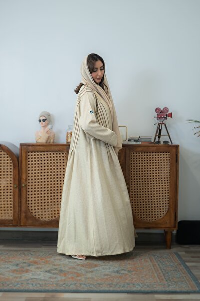 Via abaya عباية لنن بيج بتطريز بني