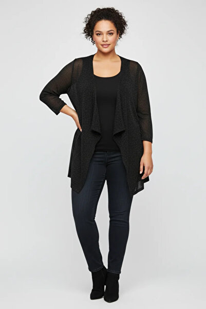 Shape Of You Black Metallic Shimmering Waterfall Collar Cardigan