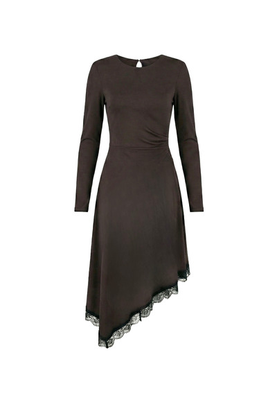 Sezgi Tekin Ασύμμετρο καφέ φόρεμα με δαντέλα στο τελείωμα της φούστας