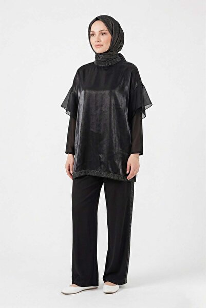 Lale Butik Transparent and Stone Detailed Blouse and Trousers Set 8614 Black