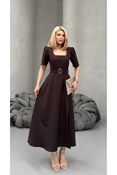 Paraf style Καφέ φόρεμα μίντι μήκους με ζώνη και κοντό μανίκι, κομψό γυναικεί...