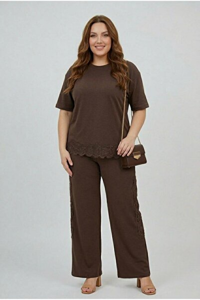 Koza Butik Γυναικείο Σετ Φόρμας Μεγάλου Μεγέθους με Κοντό Μανίκι και Δαντέλα ...