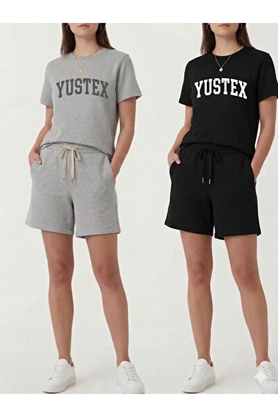 yx yustex sport 2-Piece Women's Black - Gray Basic Shorts Set - Comfortable F...