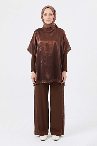 Lale Butik Transparent and Stone Detail Blouse and Trousers Set 8614 Brown