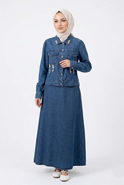 Lale Butik Stone Detailed Skirted Denim Suit 19527 Denim