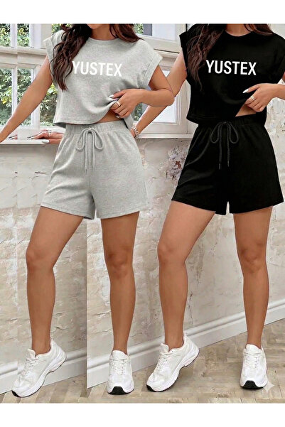 yx yustex sport 2-Piece Women's Black - Gray Basic Shorts Set - Comfortable F...