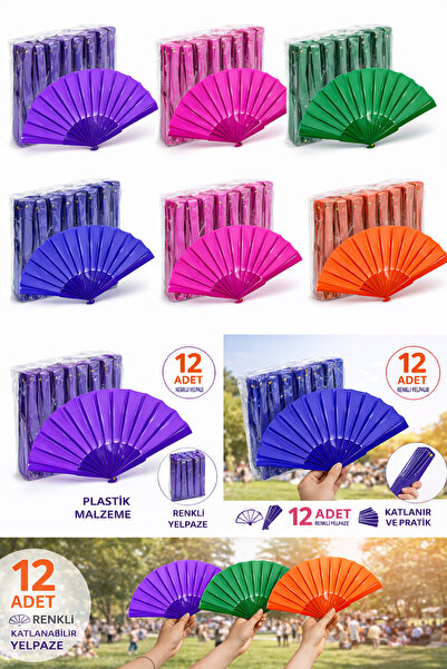 Noname 12 Adet Renkli Yelpaze Katlanabilir Plastik Yelpaze Seti – Düğün, Dave...