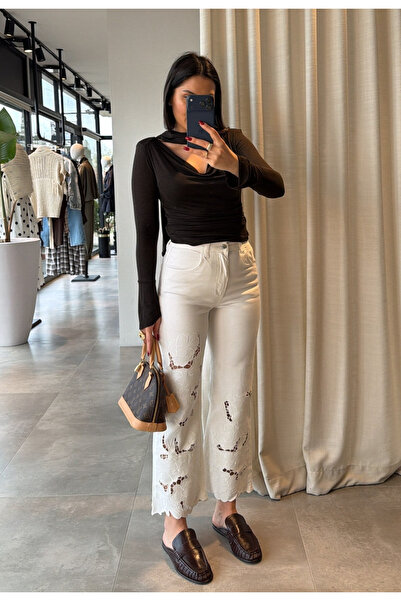 My Blog Blugi cu talie înaltă, brodați cu flori, de culoare ecru - 0798