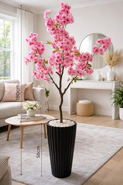 Rota Nest 180cm Pembe Bahardalı Lilyum 58cm Çizgili Saksılı Yapay Ağaç