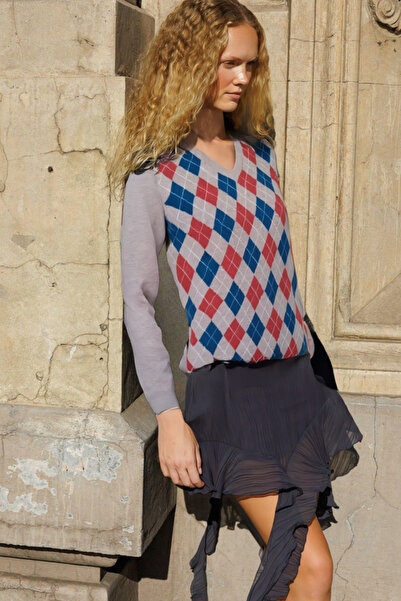 Desen Triko Γυναικείο μάλλινο πουλόβερ με λαιμόκοψη V σε σχήμα διαμαντιού, Μα...