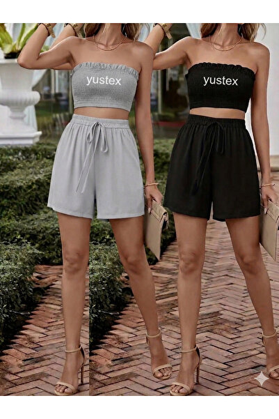 yx yustex sport 2-Piece Women's Black - Gray Basic Shorts Set - Comfortable F...