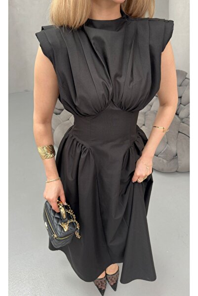 Paraf style Μαύρο ντραπέ φόρεμα μίντι με τονισμένη μέση