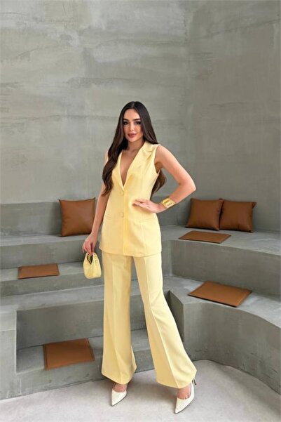 Dipmoda Women's Yellow Button Detailed Sleeveless Blazer Jacket Pants Set Dps...