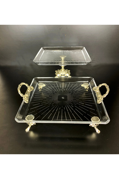 Elta Collection 2-Piece Crystal Silver Metal Footed Gilded Square Cake Presen...