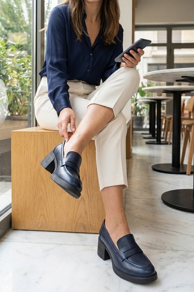 GRADA Navy Blue Genuine Leather Women's Heeled Loafer Shoes Real Leather Heeled Casual Loafer Shoes