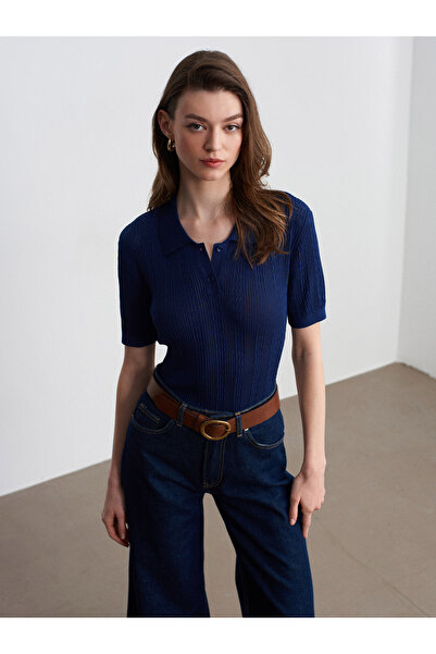 Dilvin 10781 Πλεκτή Μπλούζα με Γιακά Πόλο - Σκούρο Μπλε