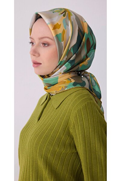 Belli Zeytin Yeşili Çok Renkli Çiçek Desen %100 Twill İpek