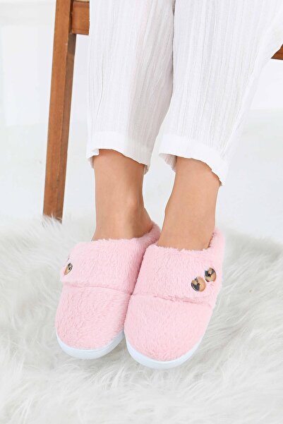 TOFİSA Γυναικείες παντόφλες σπιτιού με κουμπιά σε σχήμα Π - 27777-PUDRA