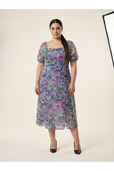 Apsen Collection Apsen Kadın Şifon Çiçek Desenli Kare Yaka Midi Elbise 4518-120