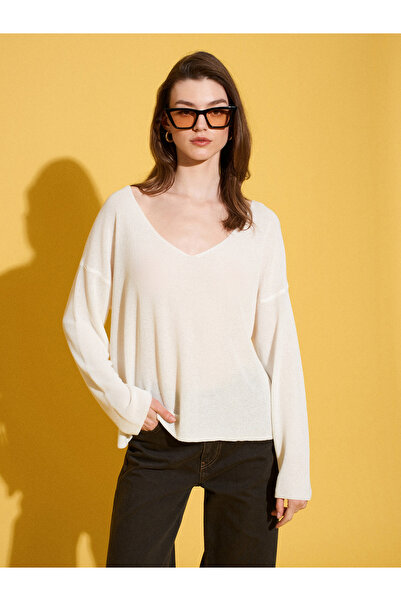 Dilvin 10869 Πουλόβερ με λαιμόκοψη V και ντραπέ σχέδιο - Εκρού