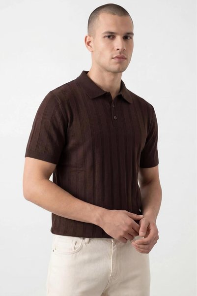 No Way Stripe Patterned Buttoned Polo Collar Regular Fit Knitted Thin Knitwea...