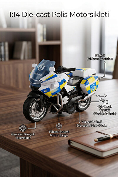 craftivio 1:14 Ölçekli Die-Cast Metal Çek-Bırak Polis Motosikleti