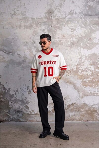 OUTFİT MAN Tricou din tricotaj brodat, supradimensionat, alb, TURCIA