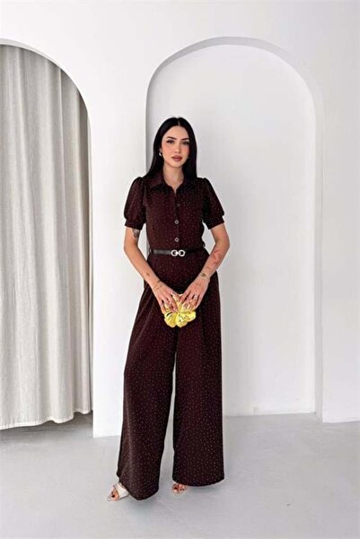 Dipmoda Γυναικεία ολόσωμη φόρμα με λεπτομέρεια από καφέ ζώνη και πέτο πουκάμι...