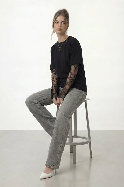 VAGGON Tricou oversize cu mânecă scurtă și detaliu din dantelă