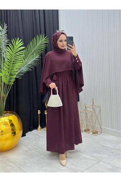 Dipmoda Women's Burgundy Cape Waist-Tie Detailed Hijab Dress Nms088