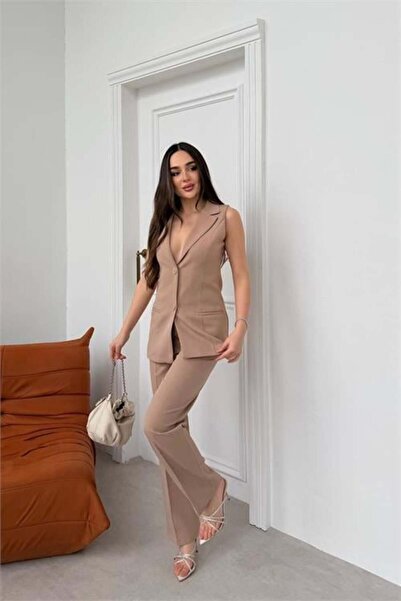 Dipmoda Women's Mink Button Detailed Sleeveless Blazer Jacket Pants Set Dpstr...