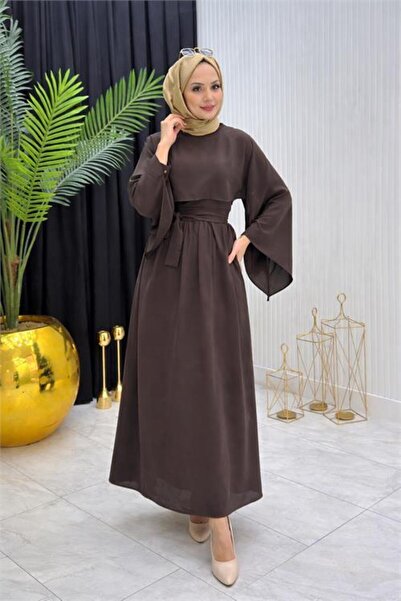 Dipmoda Women's Brown Cape Waist-Tie Detailed Hijab Dress Nms088