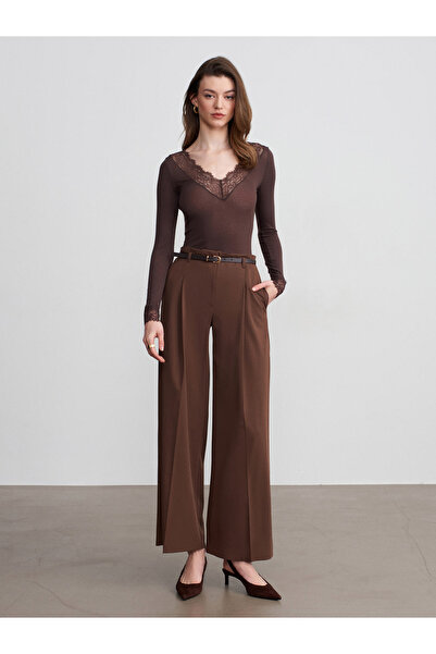 Dilvin 72646 Παντελόνι Παλάτσο με ζώνη-Καφέ