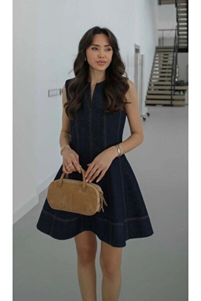 KENZA'A TRİKO Μίνι τζιν φόρεμα με λεπτομέρεια στον γιακά και χωρίς μανίκια