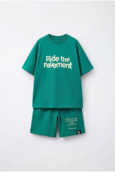 Magu Boys' Cotton Green Slogan Printed T-Shirt Shorts Set