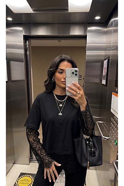 Inno Γυναικείο μπλουζάκι με δαντέλα στο τελείωμα της φούστας και στα μανίκια