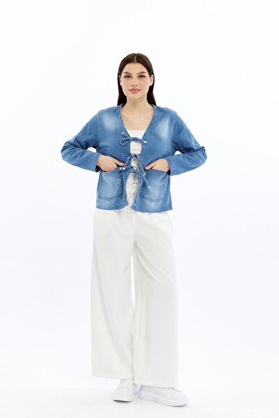 Select Moda Jachetă/Cardigan din denim pentru femei, cu decolteu în V, buzuna...