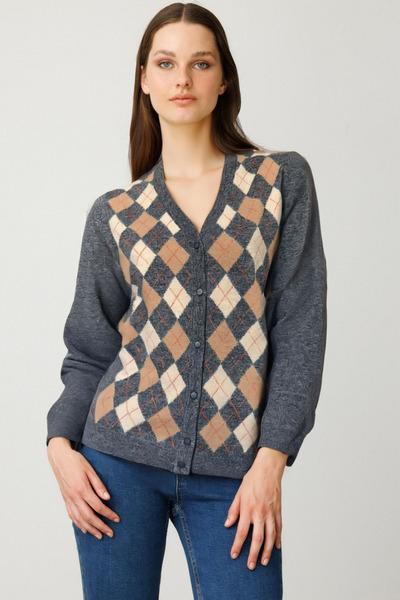 Desen Triko Women's V-Neck Cardigan with Diamond Pattern on the Front, Smoked