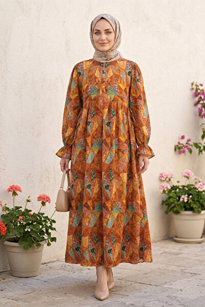 FERHEL Hijab Front Half Buttoned Waist Tie Patterned Dress - Orange