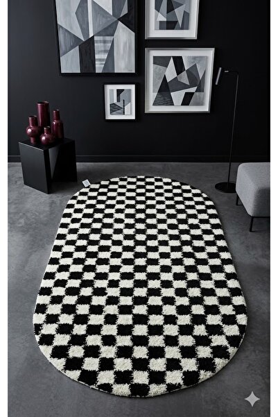 EUROBANO Chess Dama Desenli Oval Kemik-Siyah Salon Oturma Odası Yatak Odası K...