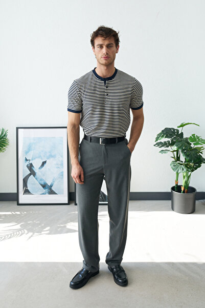 GRAMEN Erkek Çizgili Düğmeli Henley Yaka Regular Fit Premium Triko T-shirt