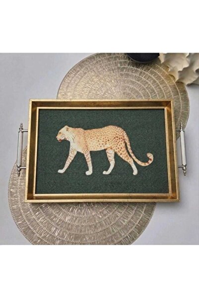 Öykü Leopar Desenli Dekoratif Tepsi – Gold Çerçeveli ve Kulplu Çay Kahve & Su...