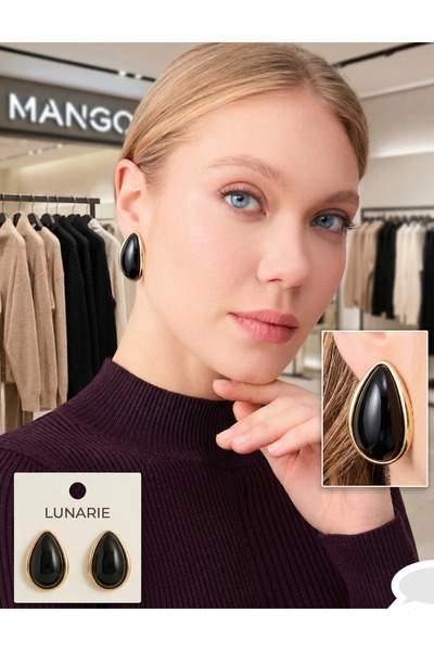 Lunarie أقراط Xuping الكلاسيكية ذات الحجر الأسود - أقراط بتصميم متدلي مطعّم ب...